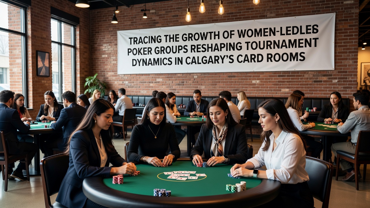 Group discussion at a poker table during a women-led strategy session in a Calgary venue