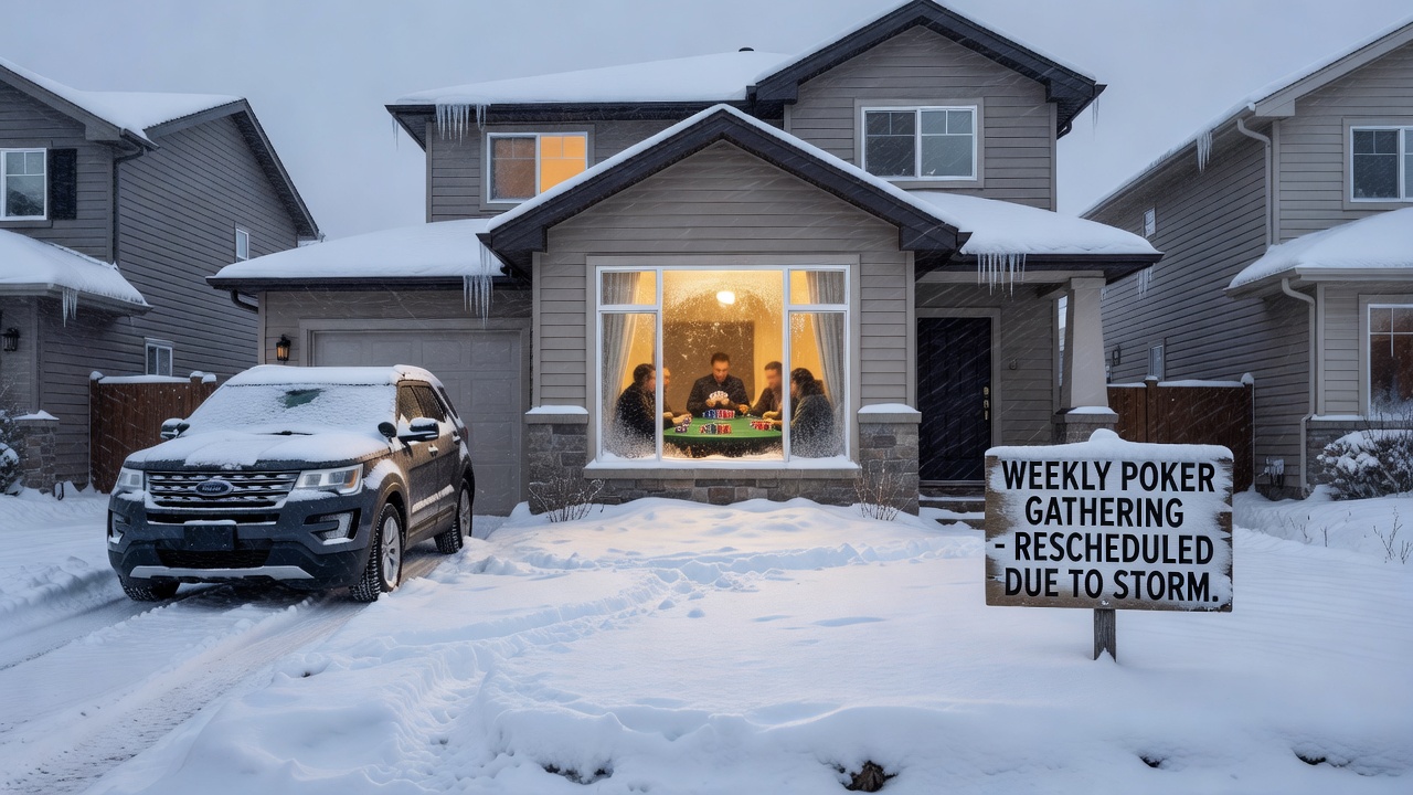 Group of people gathered around a poker table inside a warmly lit suburban Calgary home during winter evening